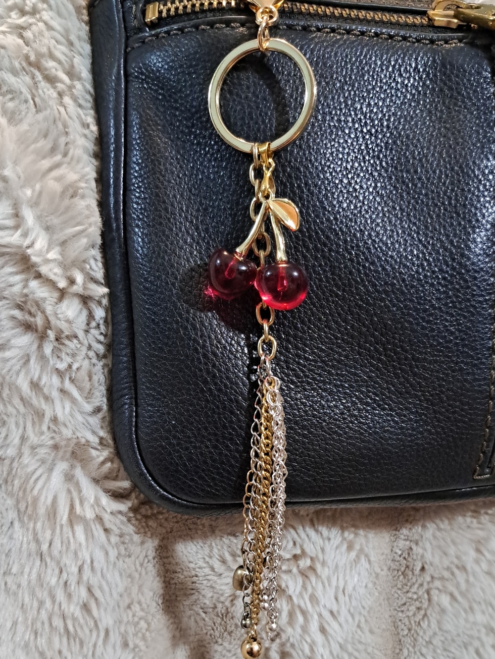 Hand Crafted Gold Cherry Tassel Keychain -Purse Bag Jewelry Red Accent